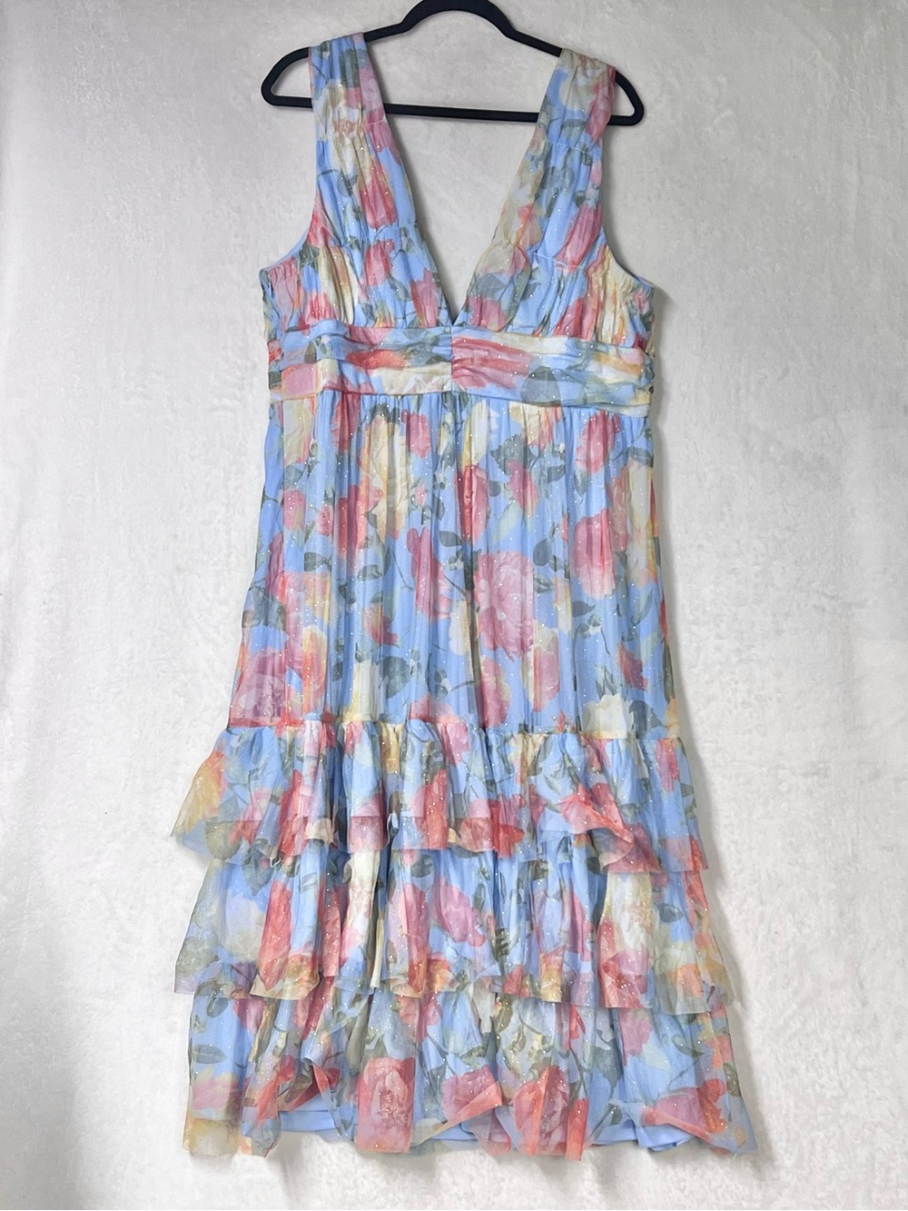 Lulus Perfectly Divine Blue Floral Tulle Tiered Ruffled Midi Dress Size XXL NWOT - Picture 6 of 11